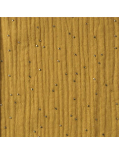 Dubbel gaas katoenen stof met gouden stipjes - Mosterdkleurig