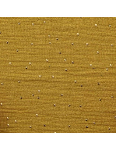 Dubbel gaas katoenen stof met gouden stipjes - Mosterdkleurig