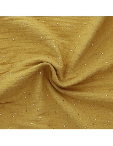Dubbel gaas katoenen stof met gouden stipjes - Mosterdkleurig