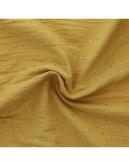 Dubbel gaas katoenen stof met gouden stipjes - Mosterdkleurig