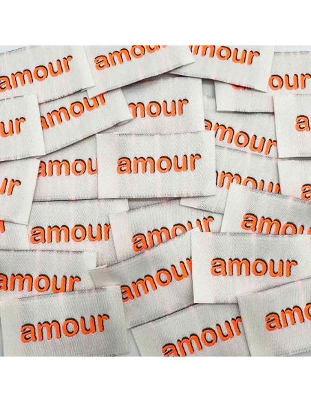 Set van 5 geweven labels om op te naaien Liefde - Fluorescerend