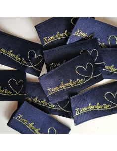 Set van 5 geweven labels om op te naaien J'irai chercher ton coeur - Marine