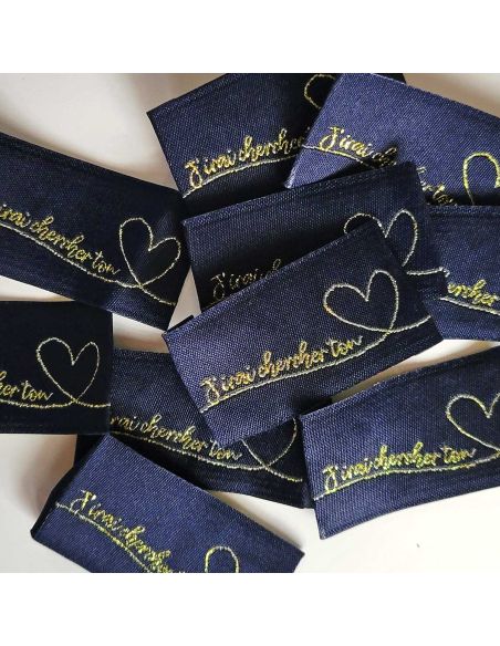 Set van 5 geweven labels om op te naaien J'irai chercher ton coeur - Marine