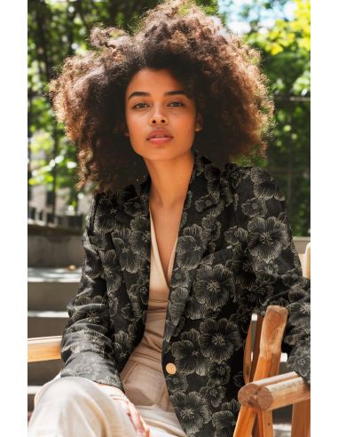 Jacquard stof - Zwarte bloemen