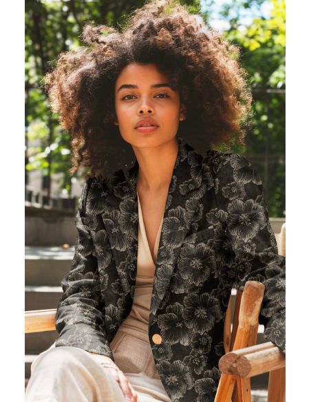 Jacquard stof - Zwarte bloemen