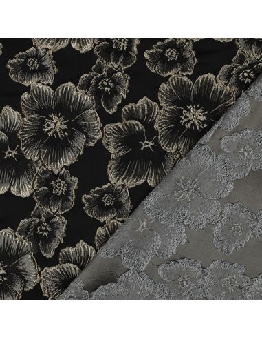 Jacquard stof - Zwarte bloemen