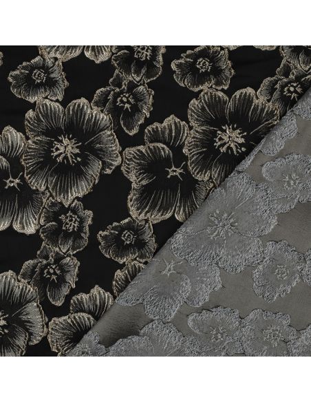 Jacquard stof - Zwarte bloemen