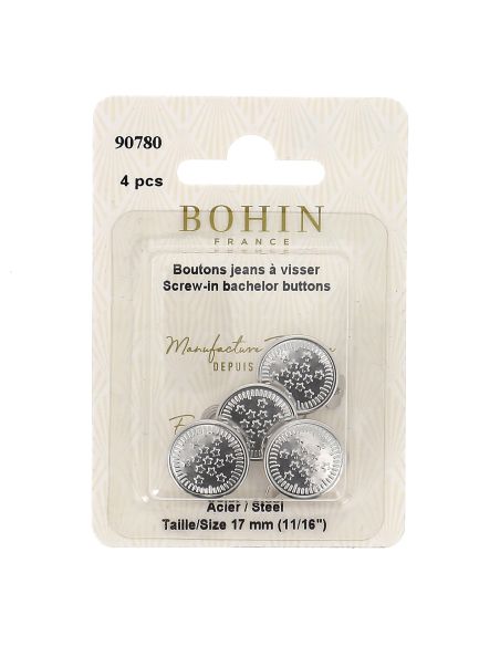 Doos met 4 schroefbare jeansknopen 17 mm zilver Bohin