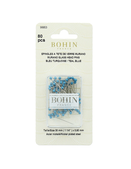 Doos met 80 extra fijne spelden met Murano glazen kop in turquoise blauw Bohin