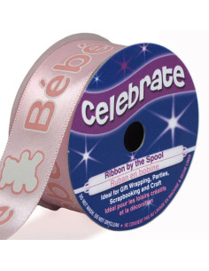 Satijnen lint Celebrate roze bedrukt baby - 25 mm x 3 meter