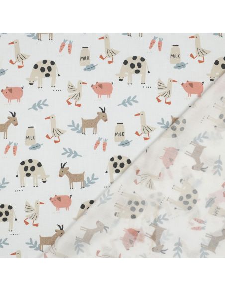 Tissu popeline de coton à la ferme - Animaux fond blanc