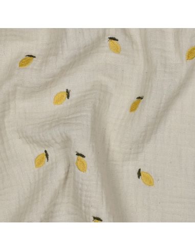 Tissu double gaze de coton brodé citrons - Naturel