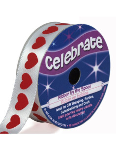 Wit satijnen lint Celebrate bedrukt met rode harten - 16 mm x 4 meter