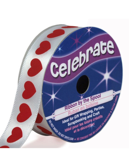 Wit satijnen lint Celebrate bedrukt met rode harten - 16 mm x 4 meter