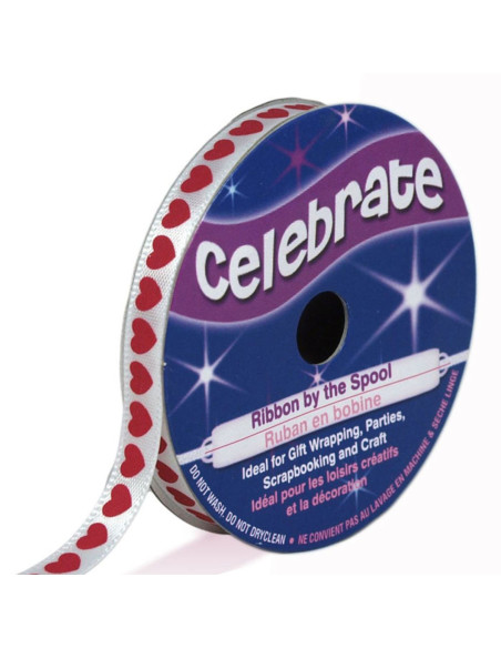 Wit satijnen lint Celebrate bedrukt met fuchsia harten - 6 mm x 4 meter