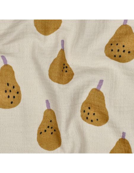 Tissu double gaze imprimé Jennifer Bouron - Poires ocre sur fond naurel
