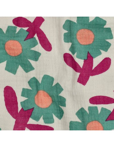 Tissu double gaze imprimé Jennifer Bouron - Fleurs vertes sur fond naturel