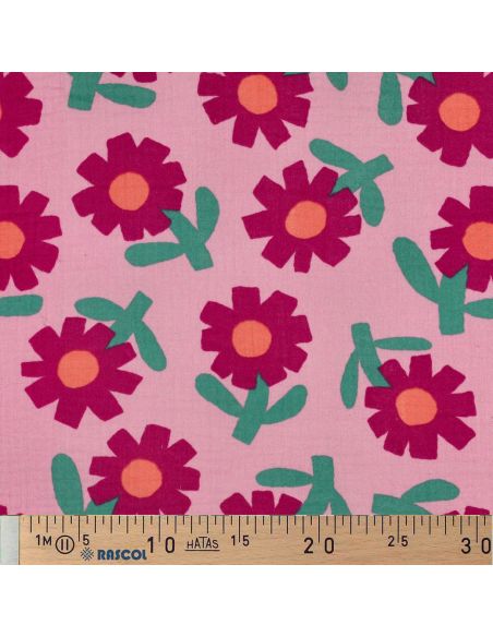 Tissu double gaze imprimé Jennifer Bouron - Fleurs fushia sur fond rose