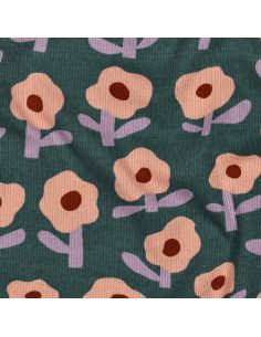 Tissu jersey coton maille côtelé Jennifer Bouron - Fleurs pêche sur fond vert 2