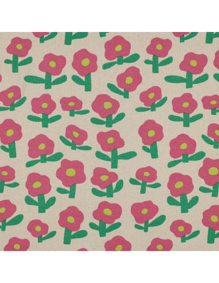 Tissu jersey coton maille côtelé Jennifer Bouron - Fleurs rose bonbon sur fond naturel