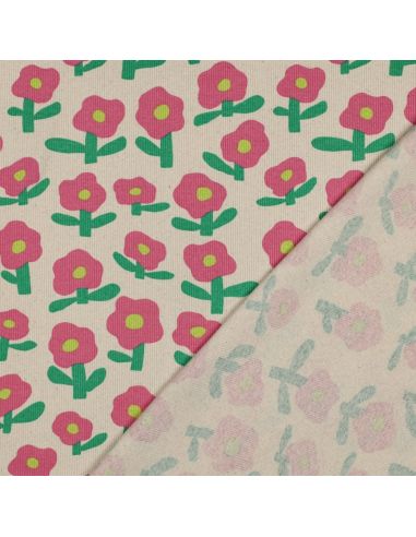 Tissu jersey coton maille côtelé Jennifer Bouron - Fleurs rose bonbon sur fond naturel