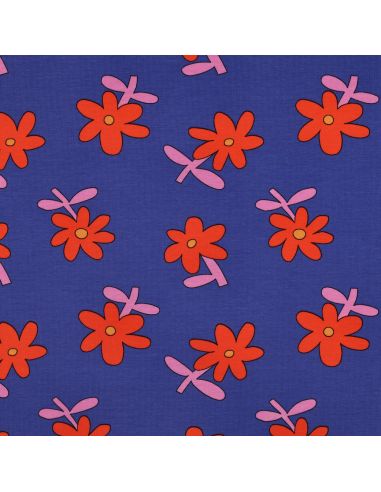 Tissu jersey imprimé Jennifer Bouron - Fleurs rouge sur fond bleu