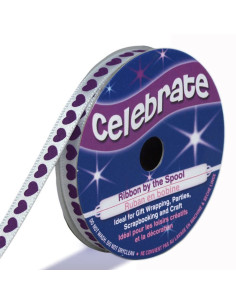 Wit satijnen lint Celebrate bedrukt met paarse harten - 6 mm x 4 meter