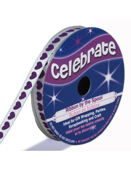 Wit satijnen lint Celebrate bedrukt met paarse harten - 6 mm x 4 meter