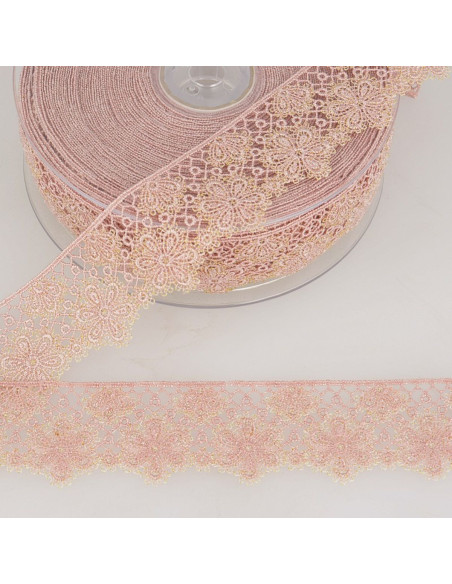Kant bloemen lurex - Roze en beige