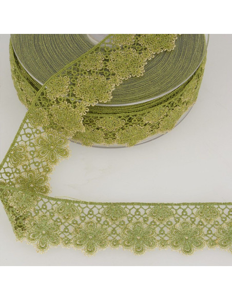 Kant bloemen lurex - Khaki en beige