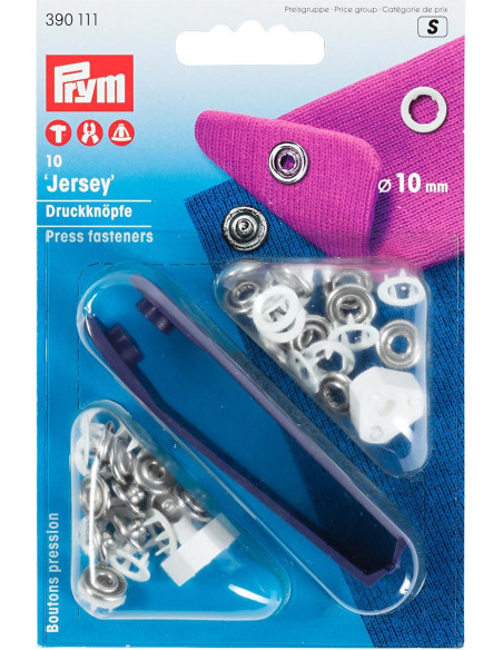 Doos met 10 witte jersey drukknoopjes met gereedschap 10 mm
