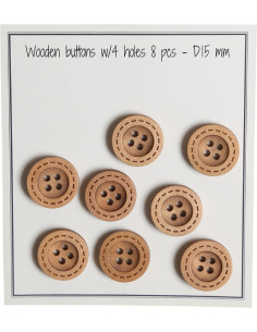 Pakket van 8 houten knopen met ronde groefsteken 15 mm