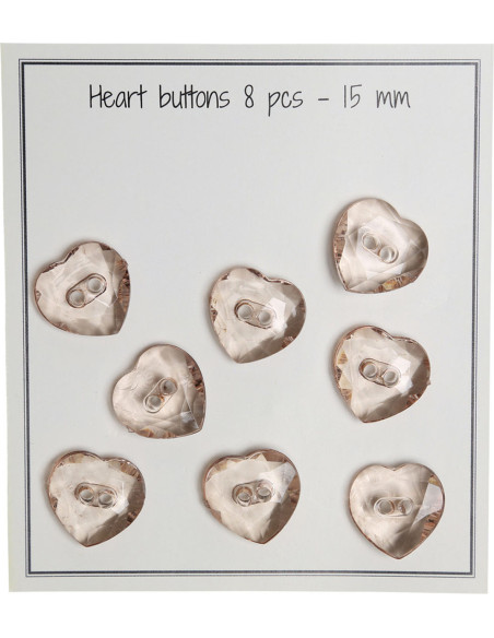 Pakket van 8 transparante hartvormige knopen beige 15 mm