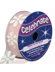 Organza lint Celebrate roze en bloemen - 15 mm x 3,5 m