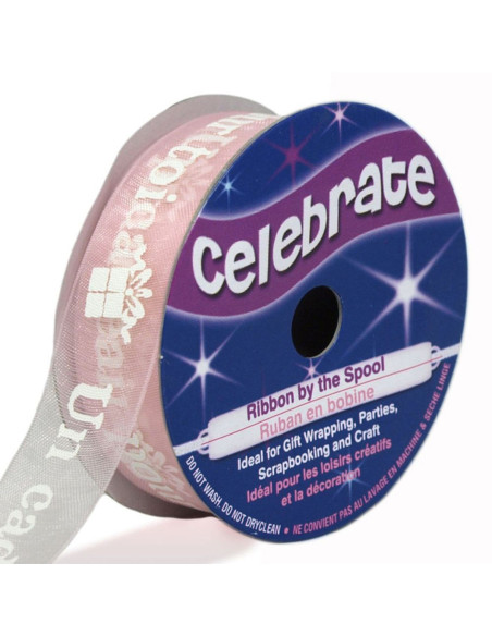 Organza lint Celebrate roze een cadeau voor jou - 15 mm x 3,5 m