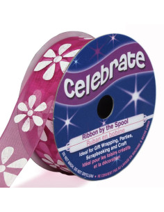 Organza lint Celebrate fuchsia en bloemen - 15 mm x 3,5 m