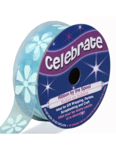 Organza lint Celebrate lichtblauw en bloemen - 15 mm x 3,5 m