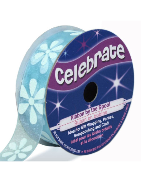 Organza lint Celebrate lichtblauw en bloemen - 15 mm x 3,5 m