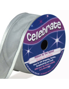Organza lint Celebrate wit met grijze rand - 25 mm x 4 m