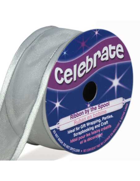 Organza lint Celebrate wit met grijze rand - 25 mm x 4 m