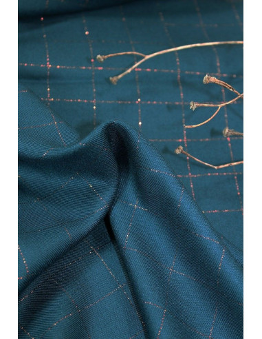 Viscose keperstof met petrolblauwe ruiten en koperen lurex - Églantine & Zoé