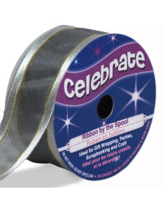 Organza lint Celebrate zilver met gouden rand - 25 mm x 4 m