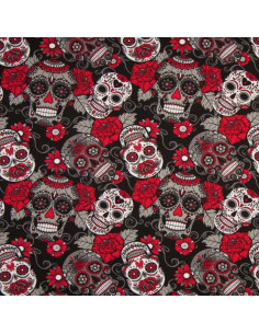 Jersey stof - Doodshoofd - Rood en zwart