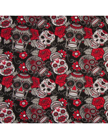 Jersey stof - Doodshoofd - Rood en zwart