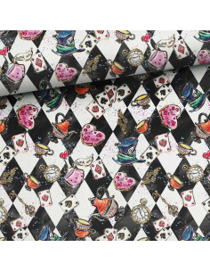 Premium katoenen stof - Schaakbord Alice in Wonderland