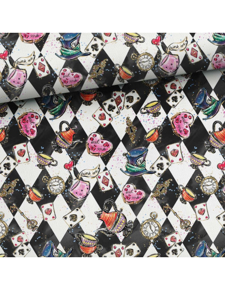 Premium katoenen stof - Schaakbord Alice in Wonderland