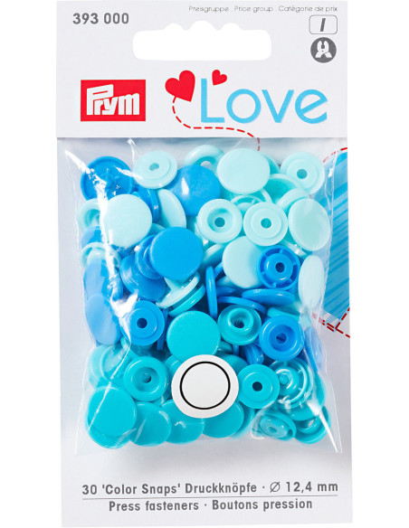 Set van 30 Color Snaps drukknopen 12,4 mm - Lichtblauw, turquoise en blauw