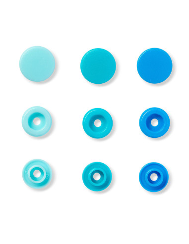 Set van 30 Color Snaps drukknopen 12,4 mm - Lichtblauw, turquoise en blauw