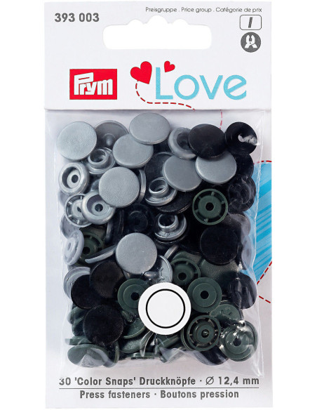 Set van 30 Color Snaps drukknopen 12,4 mm - Grijs, antraciet en zwart