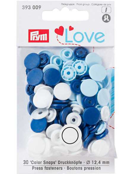 Set van 30 Color Snaps drukknopen 12,4 mm - Blauw, wit en lichtblauw